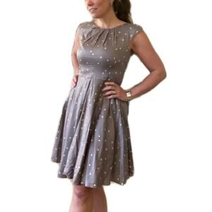 BODEN Flowershow Dress Size 14 R Taupe Polka Dot Retro Swing Wedding Tea Party